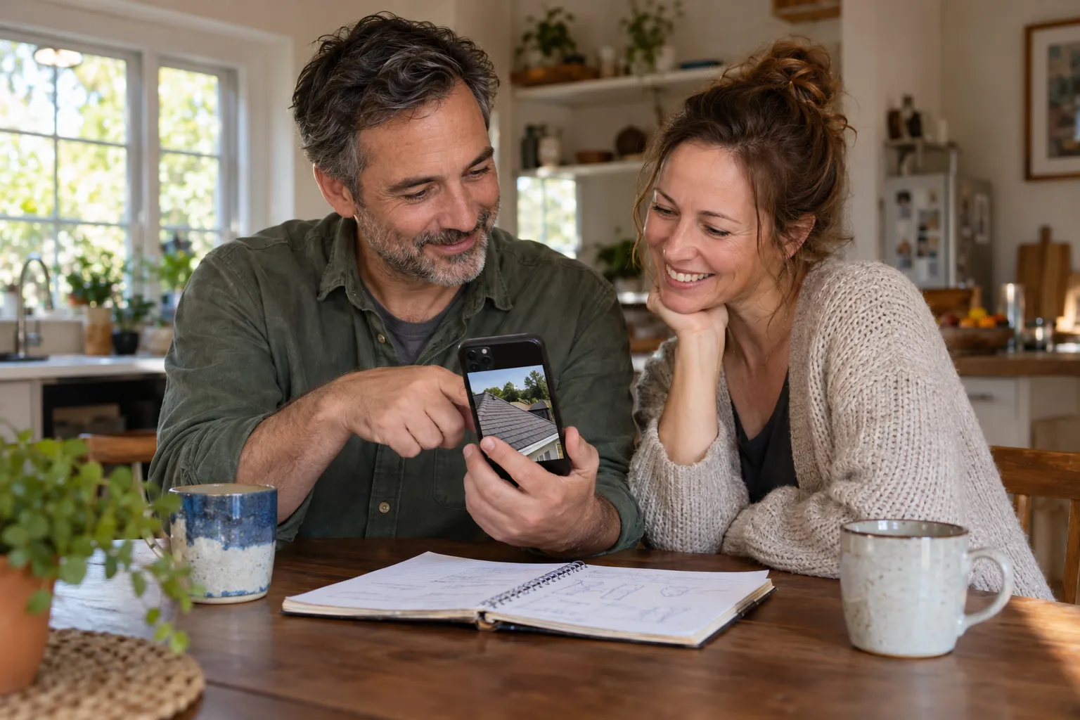 A family reviewing roof photos and notes at a kitchen table in the Antioch area